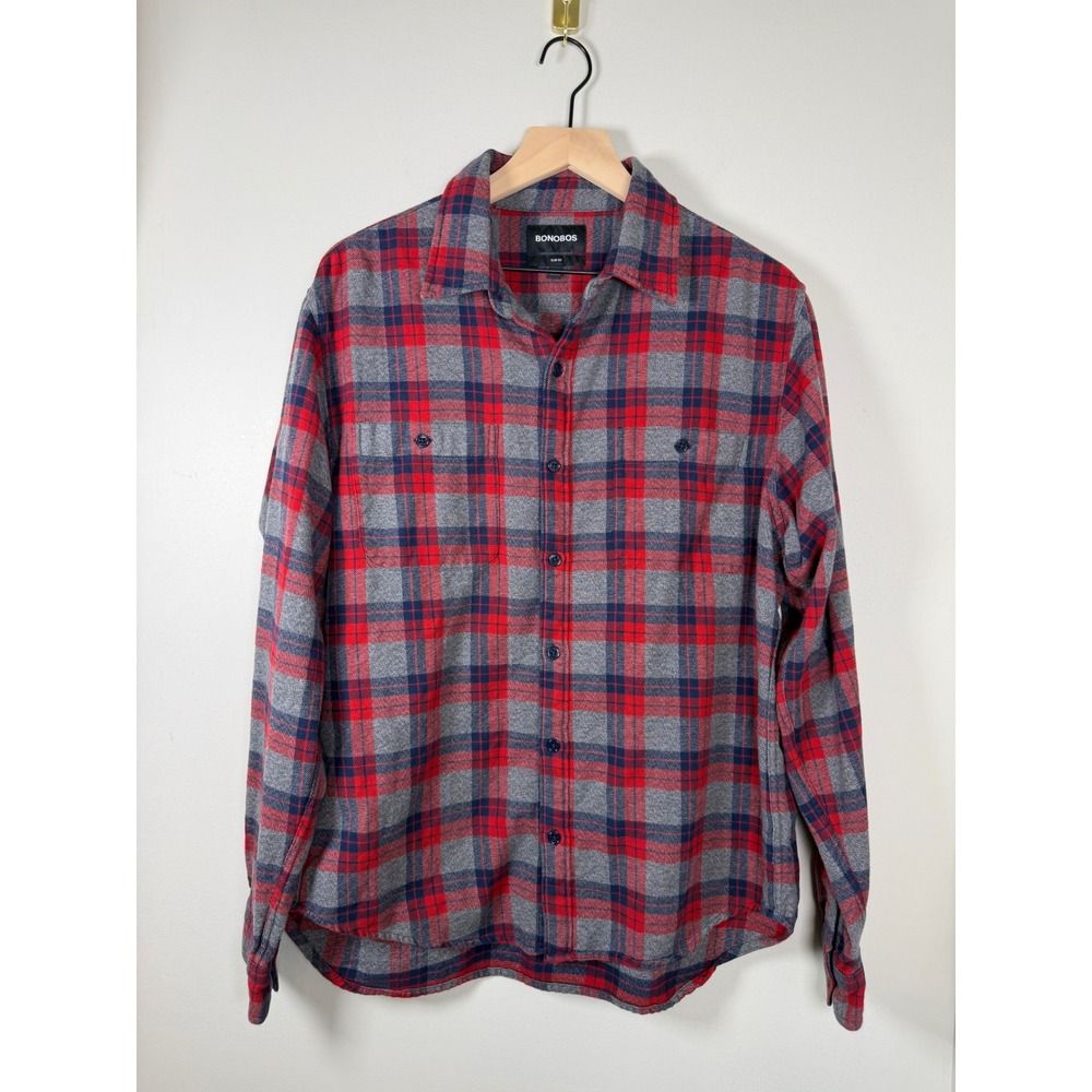 Bonobos Flannel Shirt Mens XL Red Grey Plaid Slim Fit 100% Cotton Button Up Soft